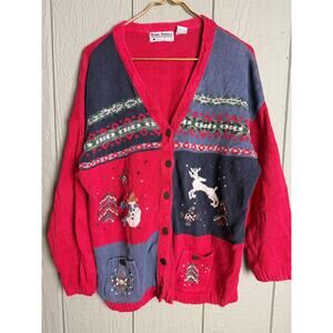 Vintage 2X Christmas Cardigan Sweater Snowman, Reindeer, Fair Isle – Red & Blue